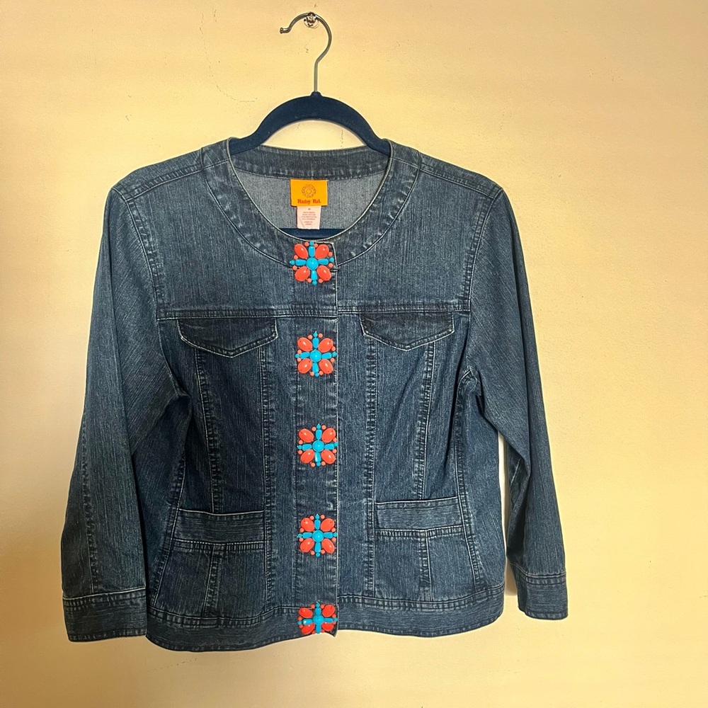 Ruby Rd Blue and Orange Jean Jacket Modern Collarless Design